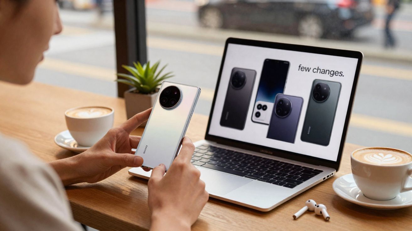 Pessoa segurando smartphone Xiaomi ao lado de laptop com anúncio de lançamento de novos modelos em café.