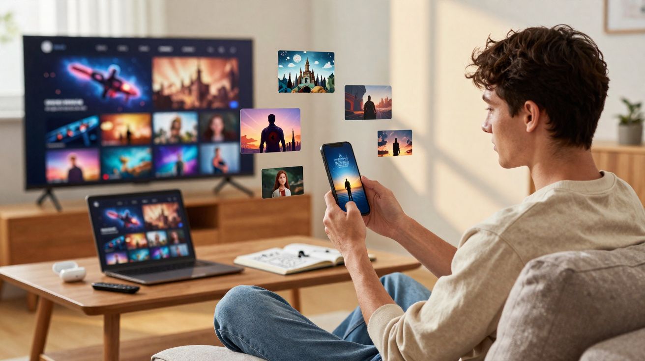 Jovem sentado no sofá usando celular para assistir filmes, com laptop e TV exibindo conteúdos diversos na sala.