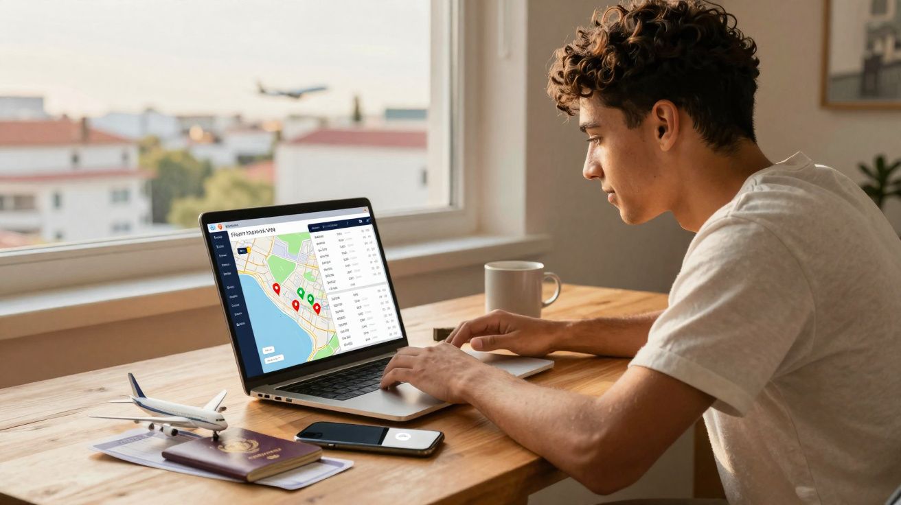 Jovem usando laptop com mapa e dados de voo, ao lado de passaporte, celular e miniatura de avião.