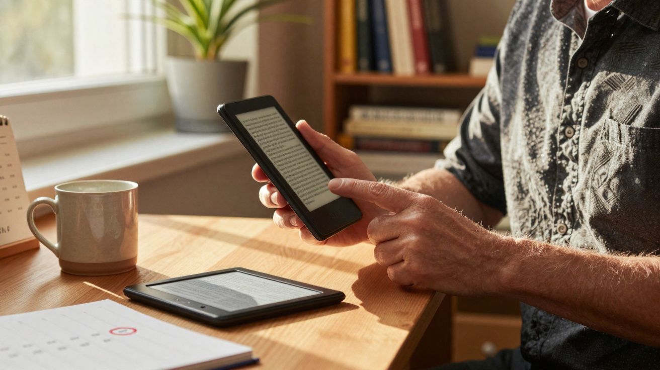 Pessoa lendo livro digital em e-reader com outra tela de e-reader sobre a mesa, próxima a xícara e calendário.