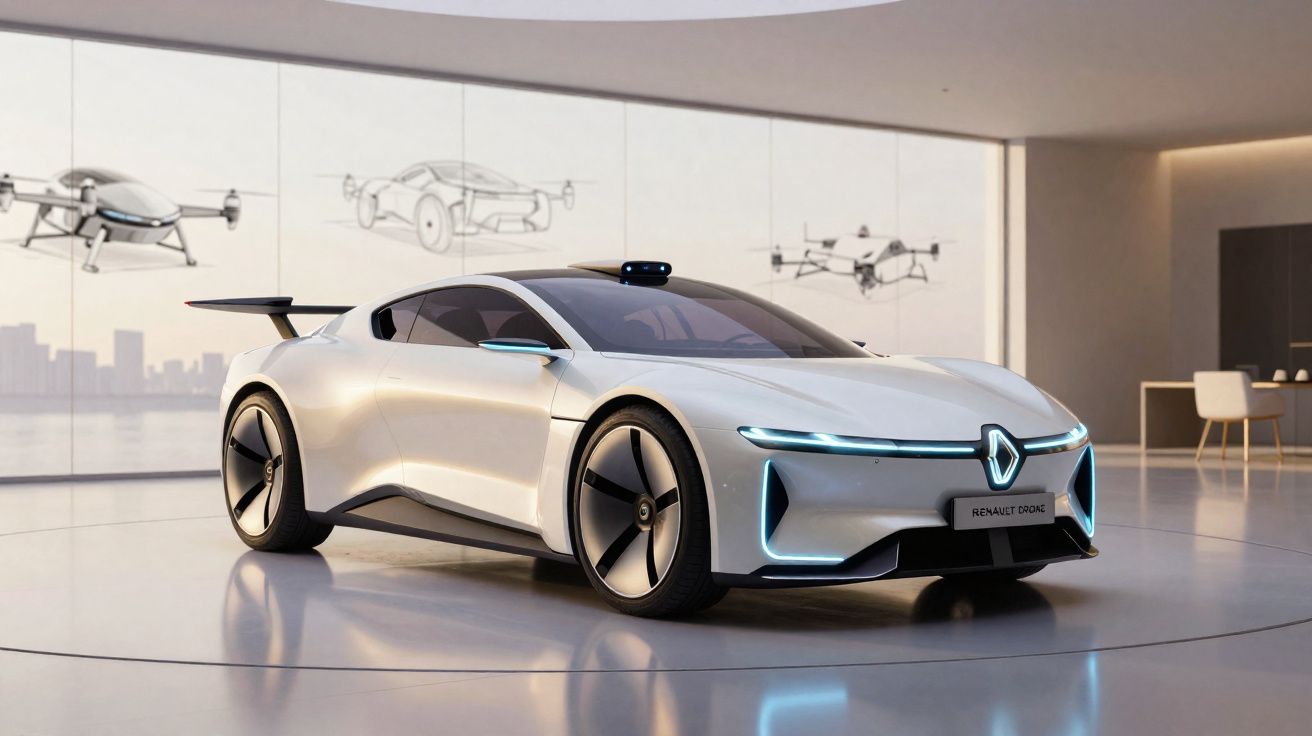 Carro conceito branco futurista da Renault, exibido em ambiente moderno com iluminação suave.