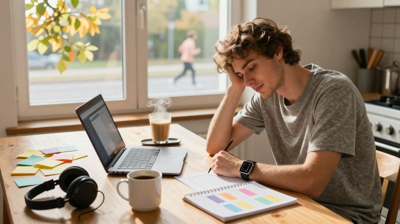 Jovem concentrado escrevendo em caderno com laptop, café e fones em mesa de madeira perto da janela.