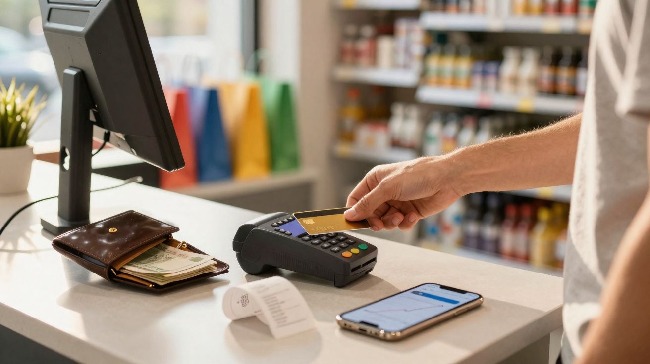 Pessoa segurando cartão de crédito próximo a maquininha de pagamento em balcão de loja.