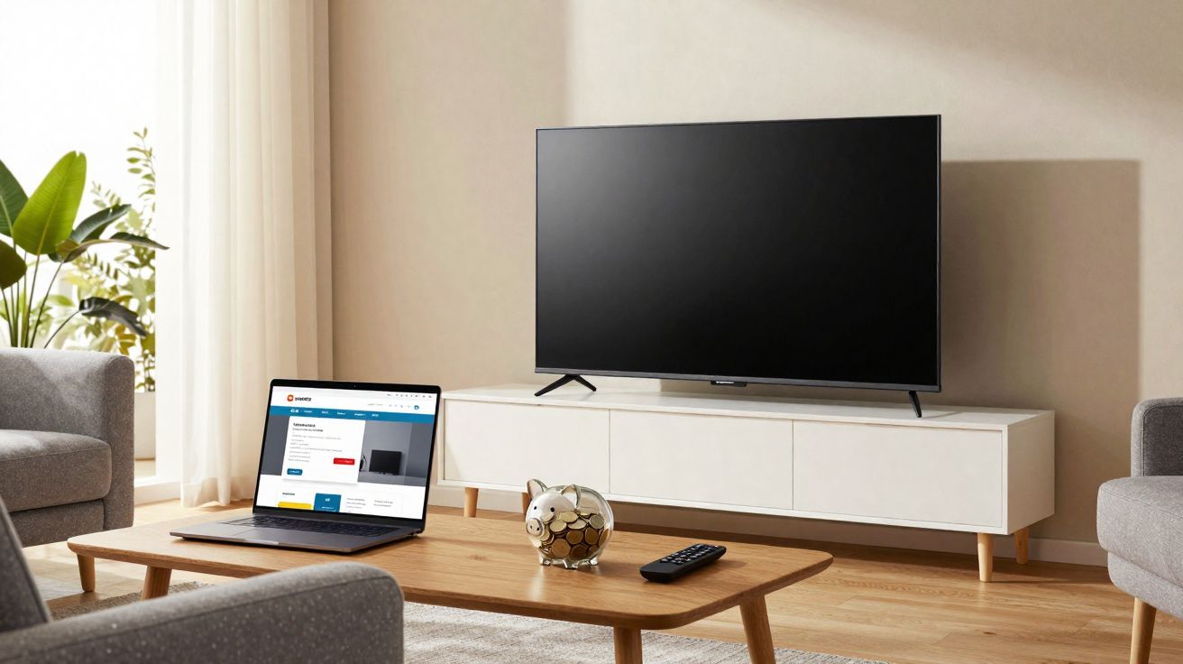 Sala de estar com TV de tela plana, sofá cinza, mesa de madeira, laptop e vaso decorativo.