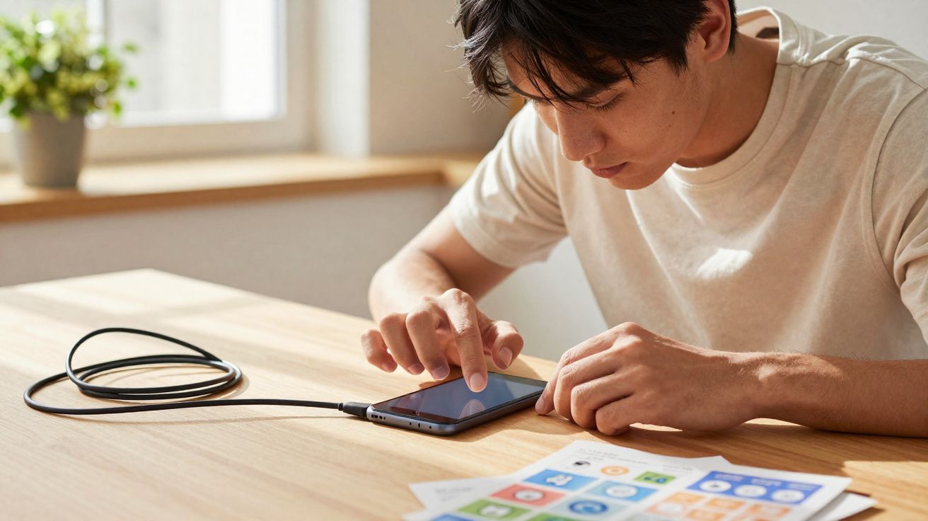 Homem jovem usando celular conectado por cabo em mesa com papéis coloridos ao lado.
