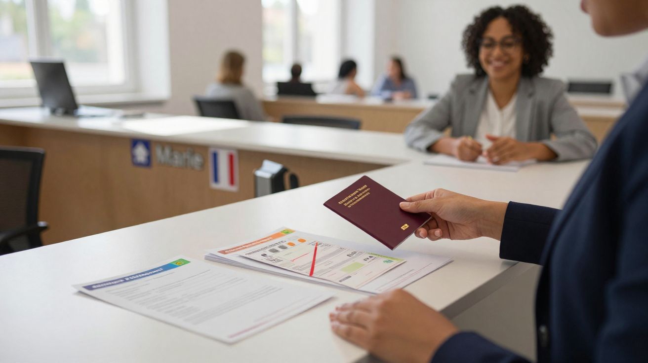 Pessoa entregando passaporte em balcão de atendimento com funcionária sorridente ao fundo.