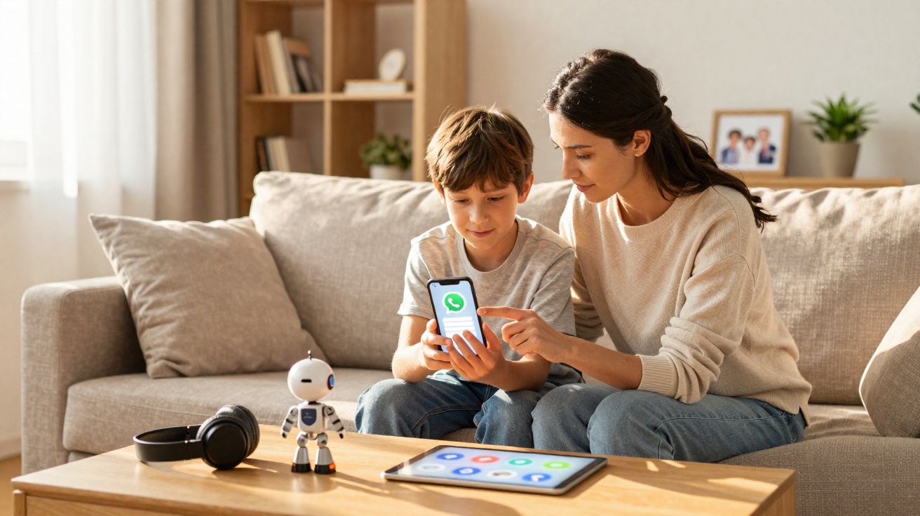 Mulher e criança sentados no sofá, olhando para celular com ícone do WhatsApp na tela.
