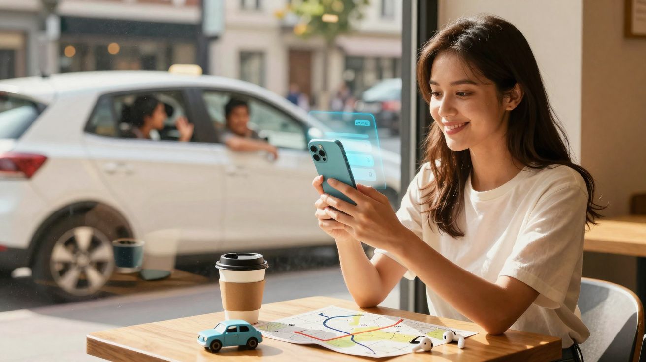 Jovem sorridente usando smartphone em cafeteria com mapa, miniatura de carro e café sobre a mesa.