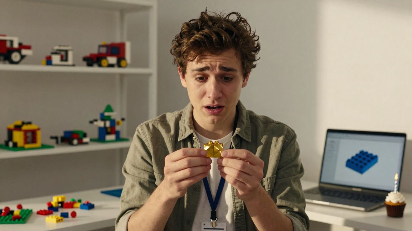 Jovem triste segurando peça amarela de montar em sala com brinquedos e laptop ao fundo.