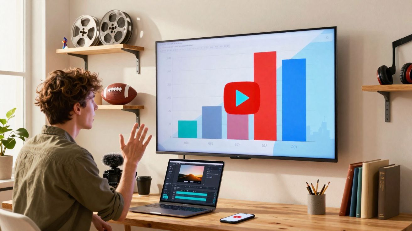 Pessoa editando vídeo em laptop com gráficos e logo do YouTube exibidos em tela grande na parede.