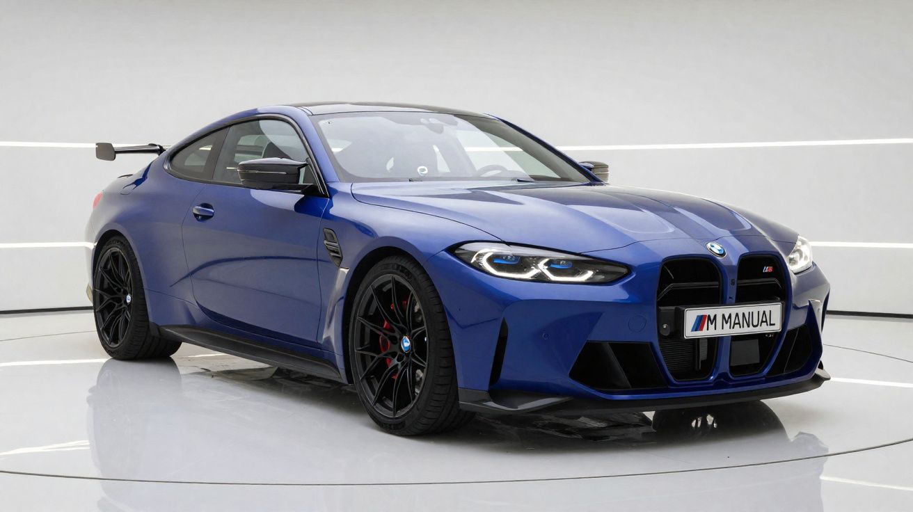 Carro esportivo BMW M4 azul com rodas pretas em ambiente interno branco e placa “M MANUAL”.