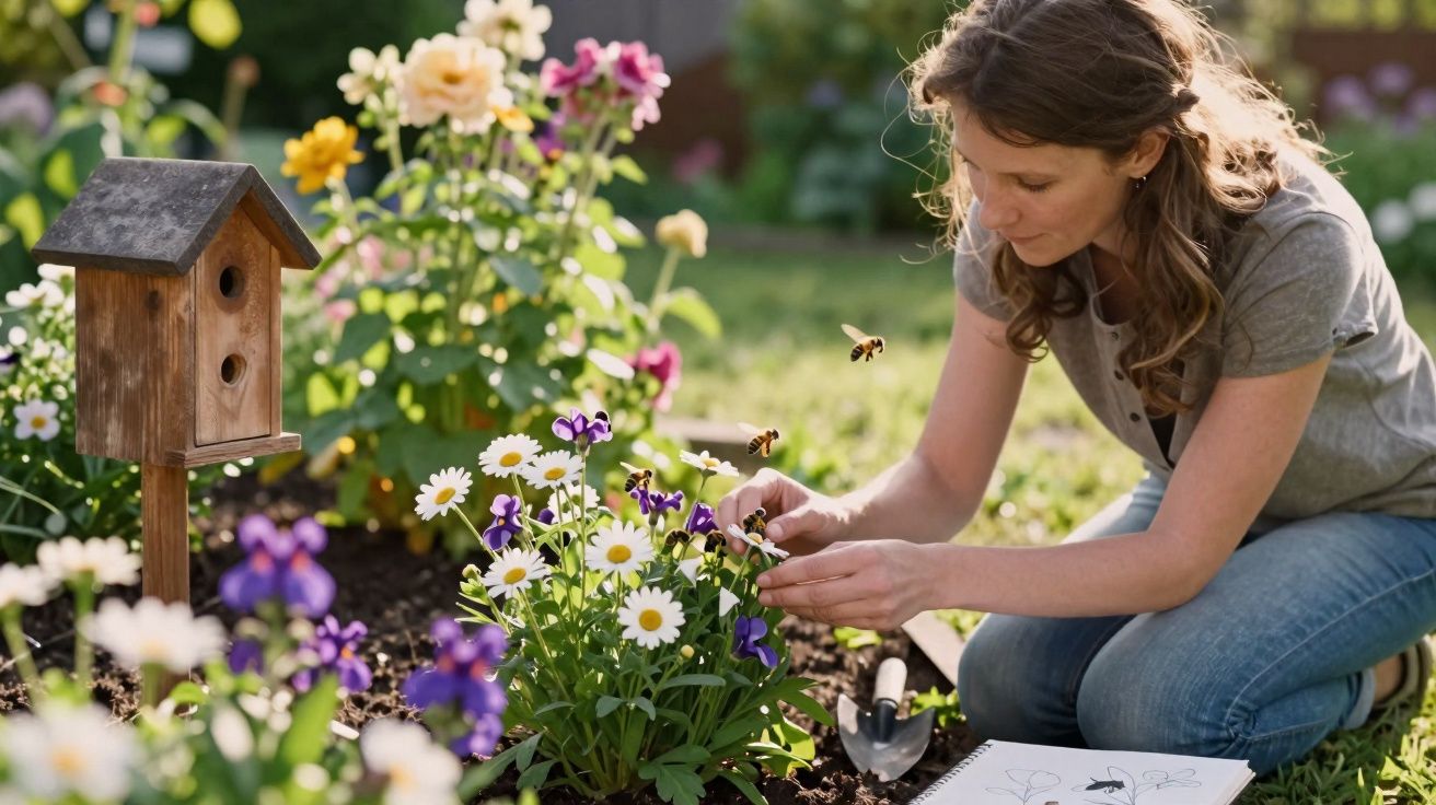 Mulher cuidando de flores coloridas em jardim, com colmeia de madeira e abelhas voando ao redor.