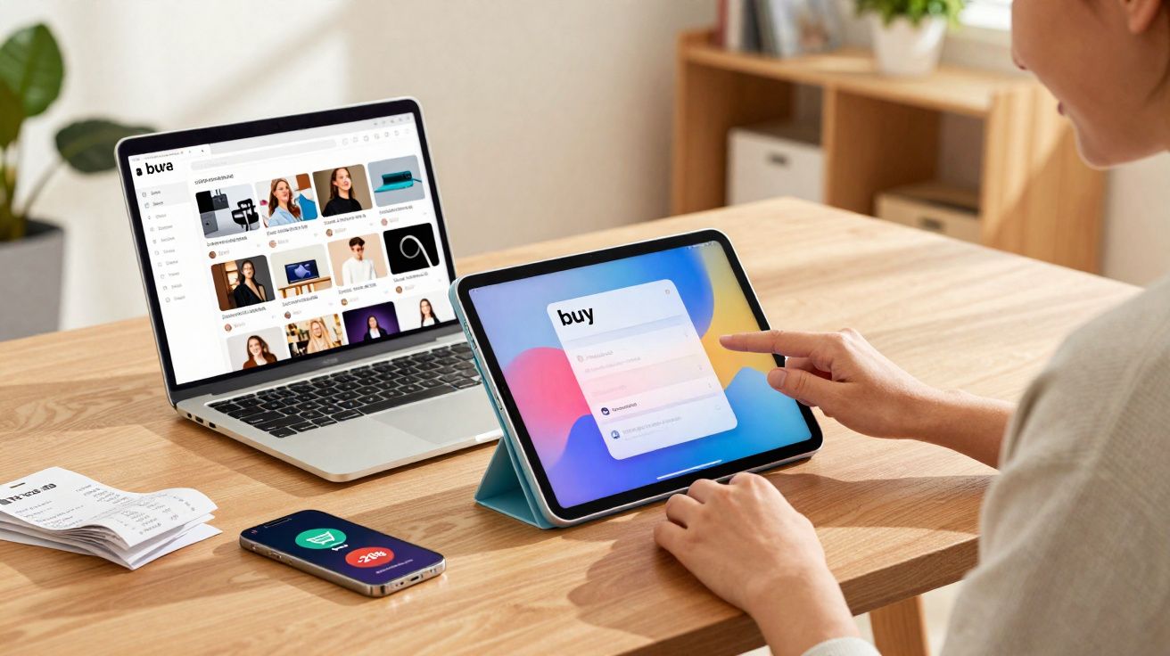 Pessoa usando tablet e laptop em mesa de madeira com celular e documentos ao lado.