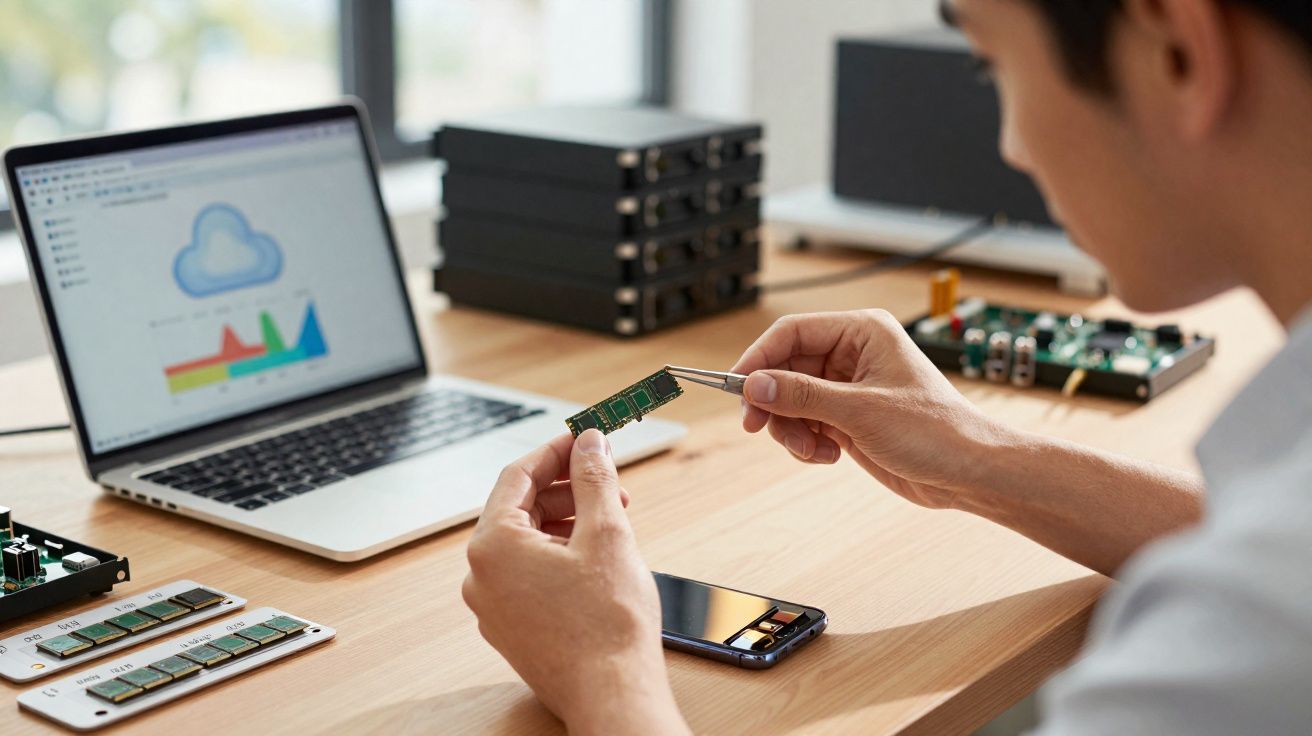 Pessoa segurando um módulo de memória RAM com pinça, ao lado de laptop e componentes eletrônicos sobre mesa.