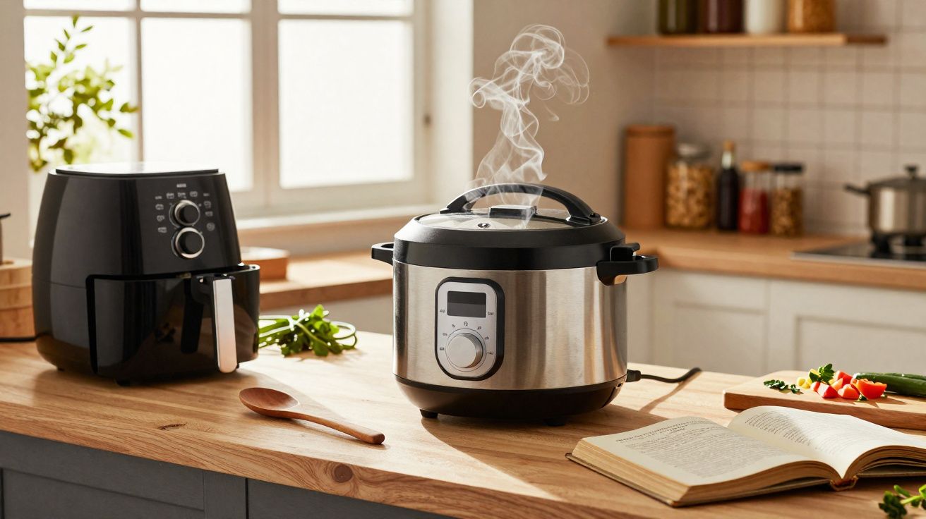 Panela elétrica com vapor saindo, ao lado de air fryer e livro aberto em bancada de cozinha iluminada.