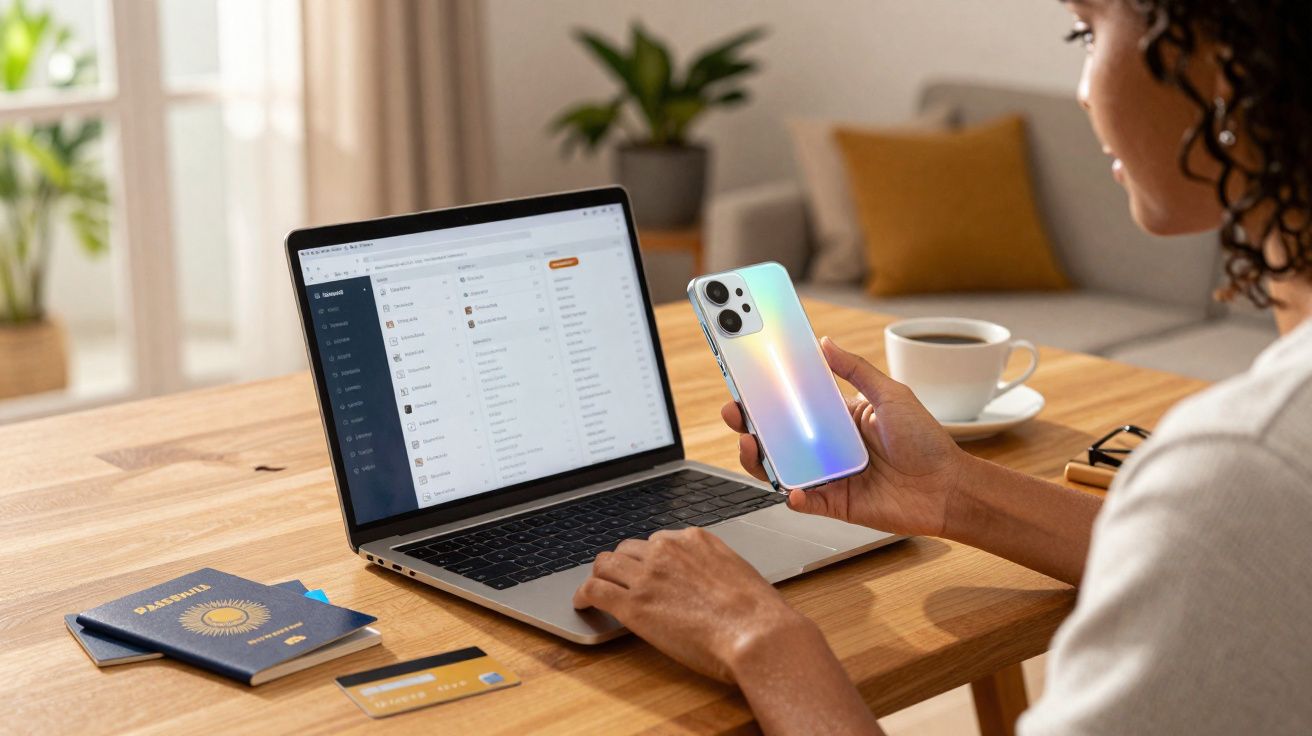 Pessoa usando laptop e celular em mesa com passaporte, cartão bancário e xícara de café.