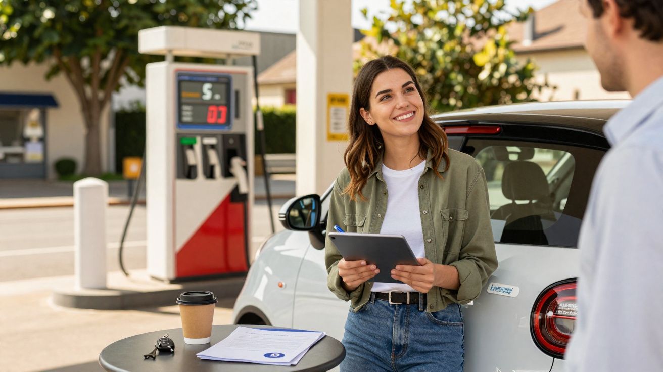 Mulher sorridente com tablet em posto de gasolina próximo a carro branco, falando com homem.