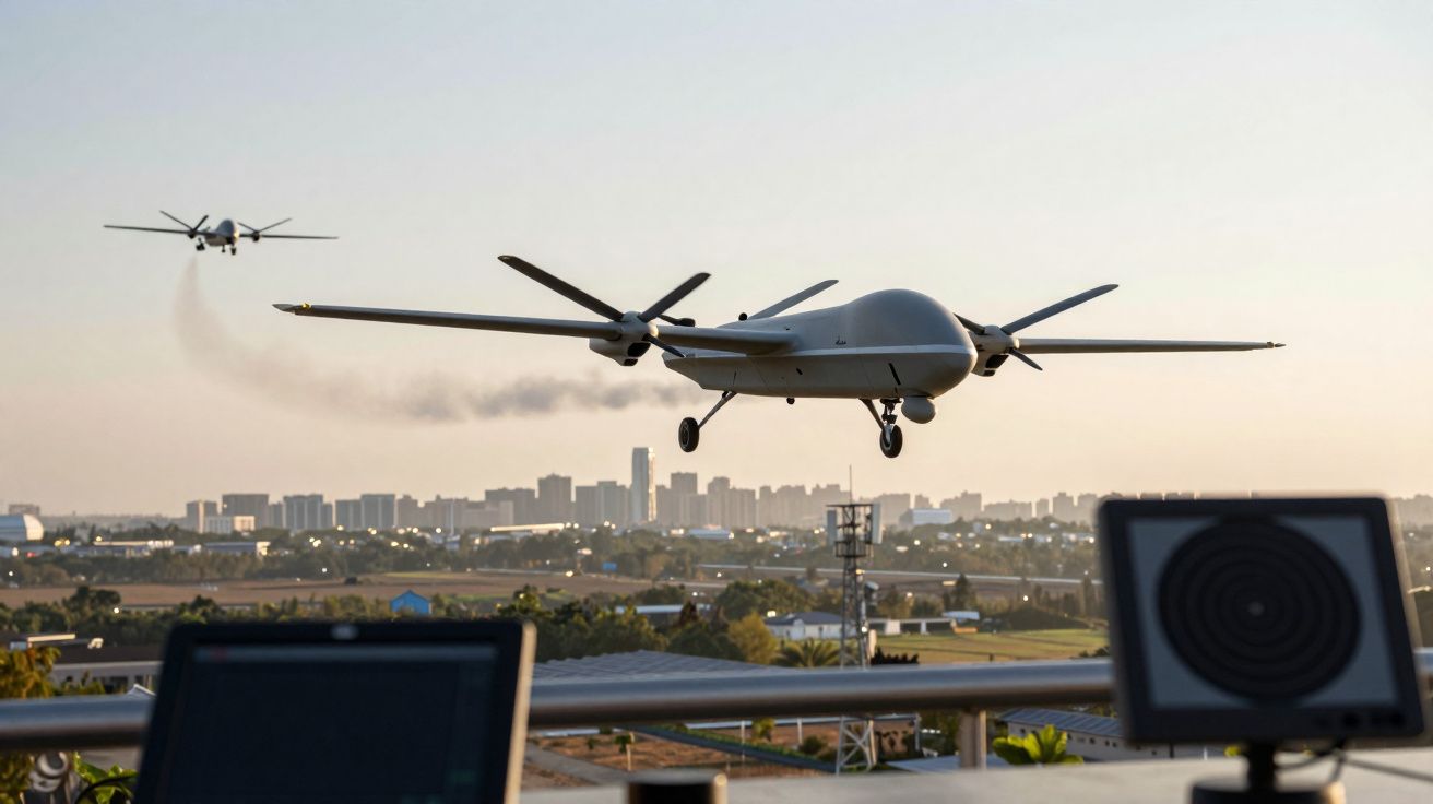 Drone militar voando próximo a área urbana durante o pôr do sol, com equipamentos eletrônicos em primeiro plano.
