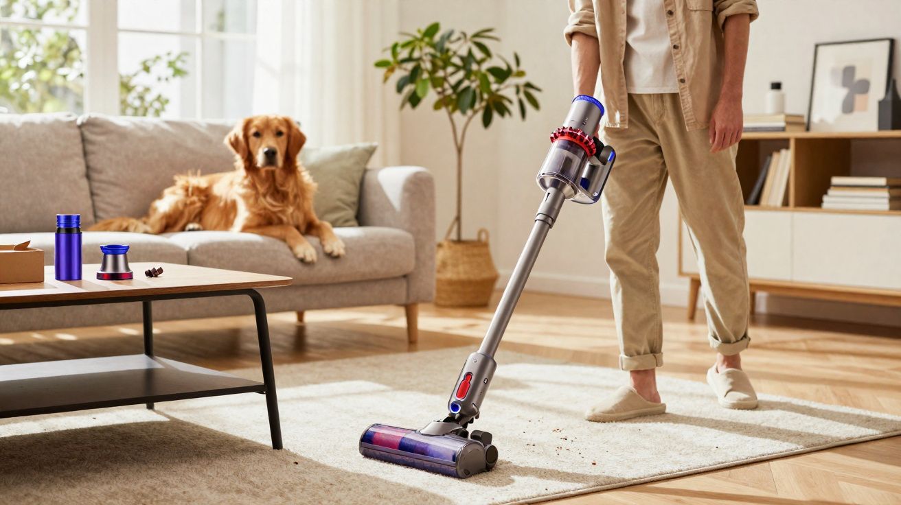 Pessoa aspirando tapete em sala iluminada com cachorro dourado deitado no sofá ao fundo.