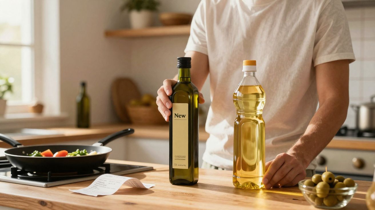 Pessoa segurando garrafas de azeite e óleo na cozinha com frigideira e azeitonas ao fundo.