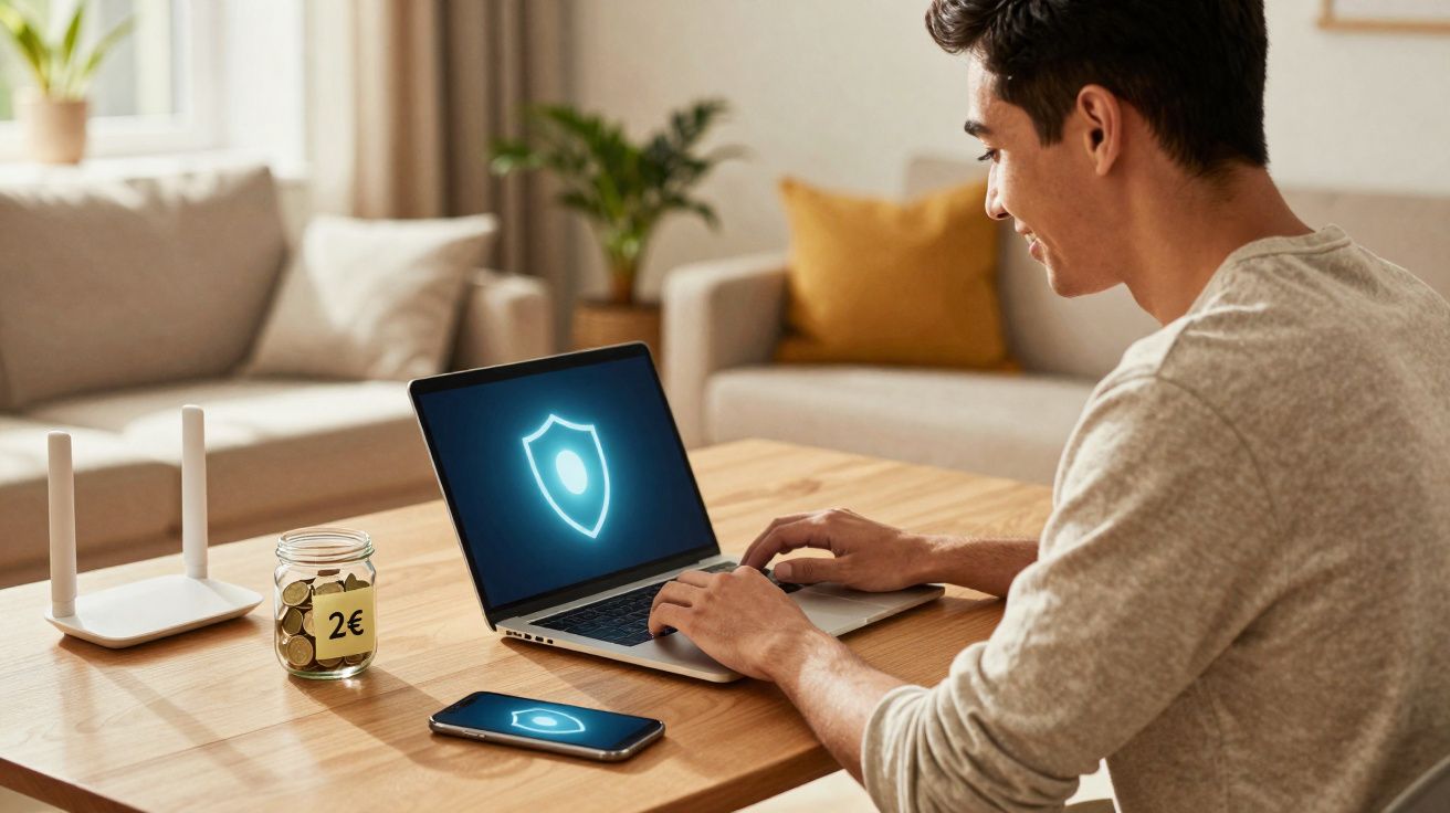 Jovem usando notebook com símbolo de segurança na tela, em mesa com celular e cofrinho de moedas na sala.