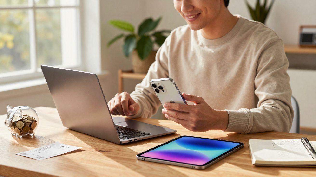 Homem sorridente usando smartphone e laptop em mesa com cofrinho, tablet e caderno à luz natural.