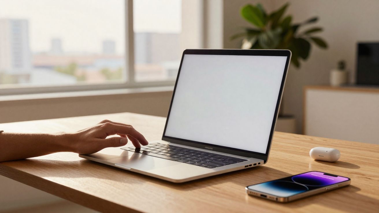 Mão usando notebook com tela em branco sobre mesa de madeira, perto de celular e fone sem fio.