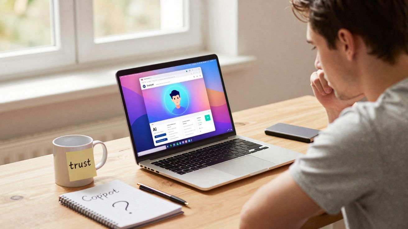 Pessoa olhando para laptop com perfil digital aberto, caneca com post-it "trust" e caderno com "Coppot?" na mesa.