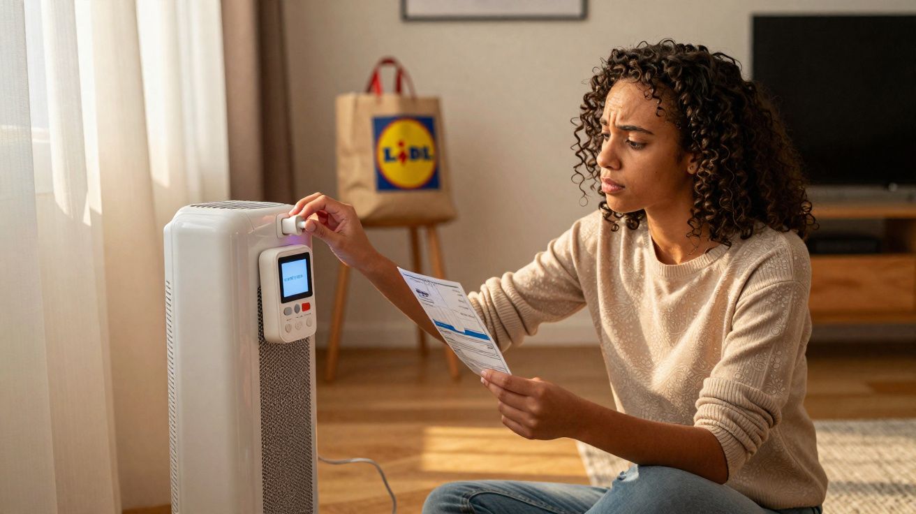 Mulher ajusta aquecedor elétrico enquanto lê conta de energia sentada em sala iluminada.