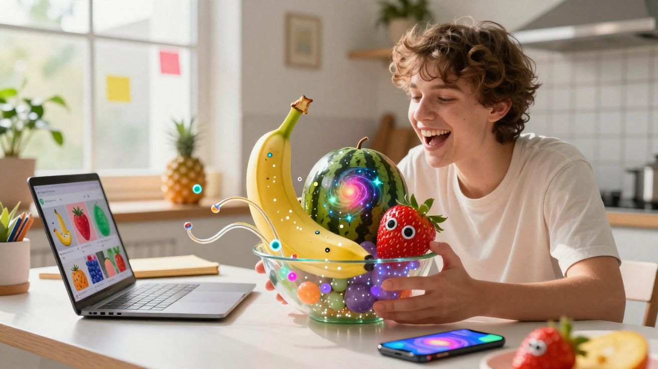 Jovem feliz interage com frutas animadas em tigela, laptop e celular na mesa da cozinha iluminada.