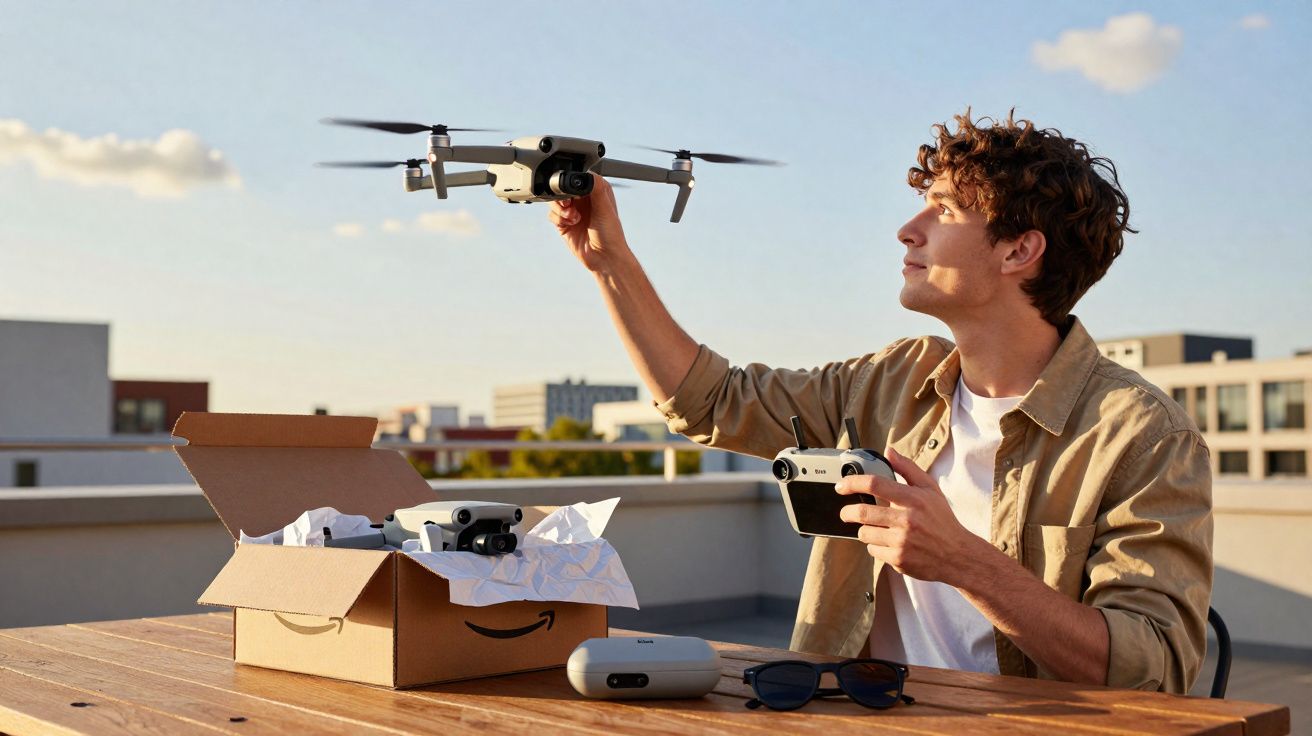 Pessoa segurando drone iluminado pelo sol, com controle remoto na outra mão, ao lado de caixa e óculos sobre mesa.