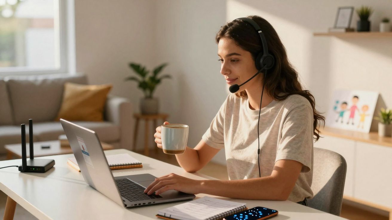 Mulher com fone e microfone trabalhando no laptop enquanto segura uma caneca em ambiente de escritório em casa.