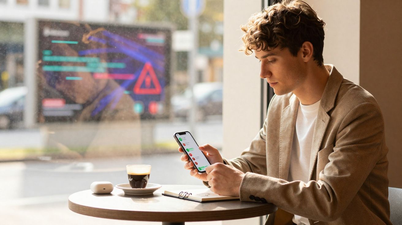 Homem sentado em café, olhando para o celular com fones de ouvido sobre a mesa ao lado de um café e caderno.