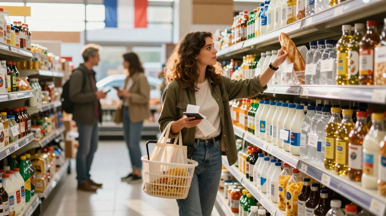 Mulher com cesta e lista, escolhe produto em prateleira de supermercado, com casal ao fundo falando.