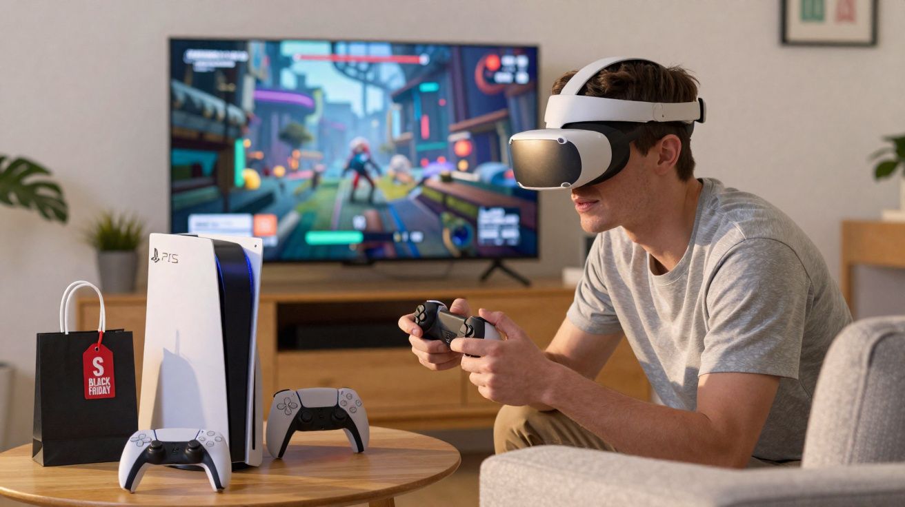 Homem usando óculos de realidade virtual e controle jogando videogame com PS5 na sala de estar.