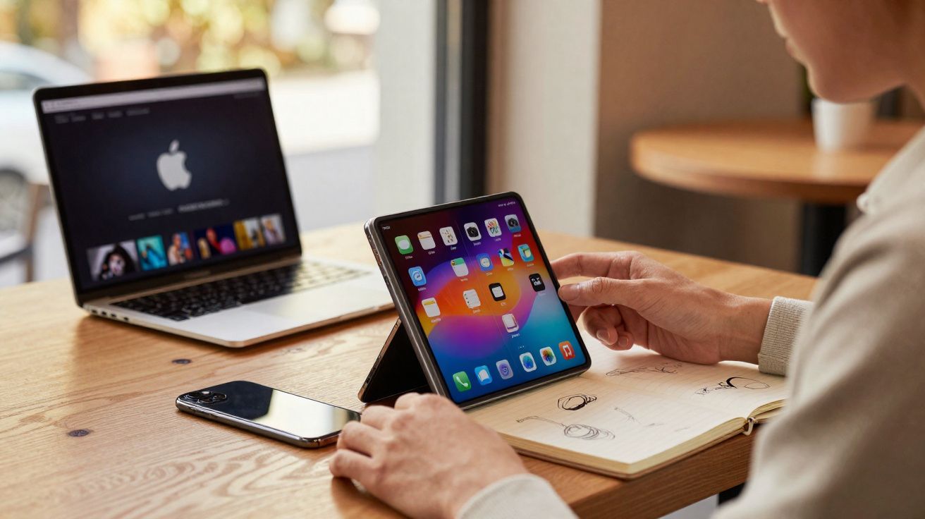 Pessoa usando tablet dobrável em mesa com laptop Apple e celular, em ambiente interno iluminado.