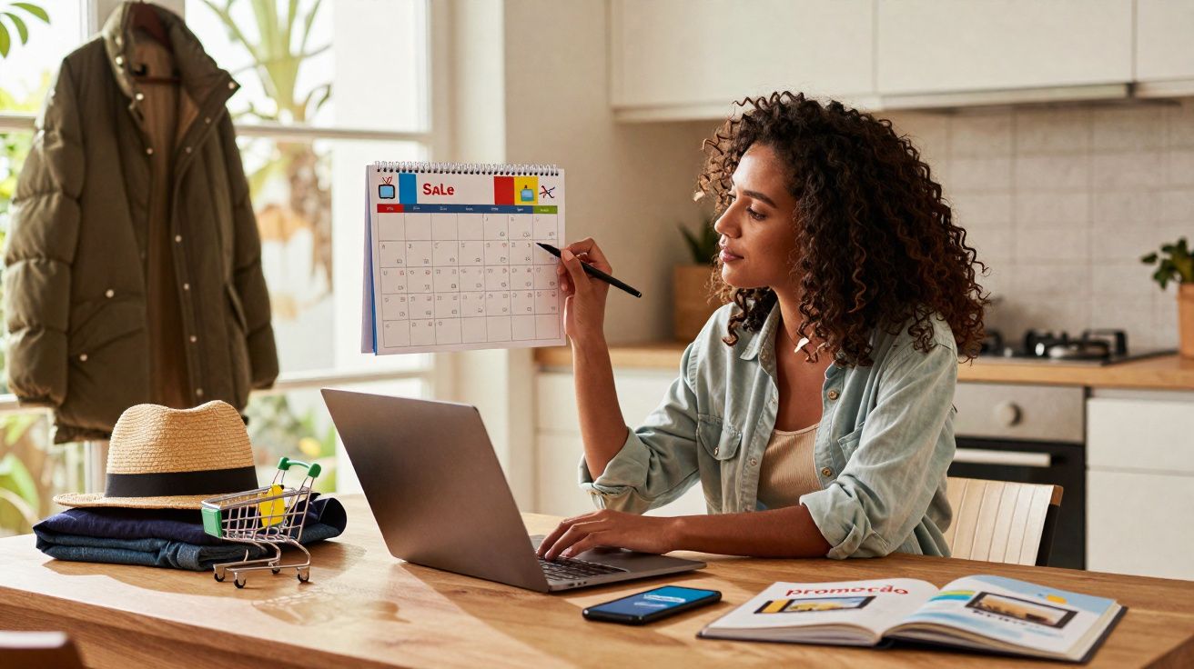 Mulher sentada à mesa, segurando calendário e usando laptop, planejando promoções em ambiente de cozinha.