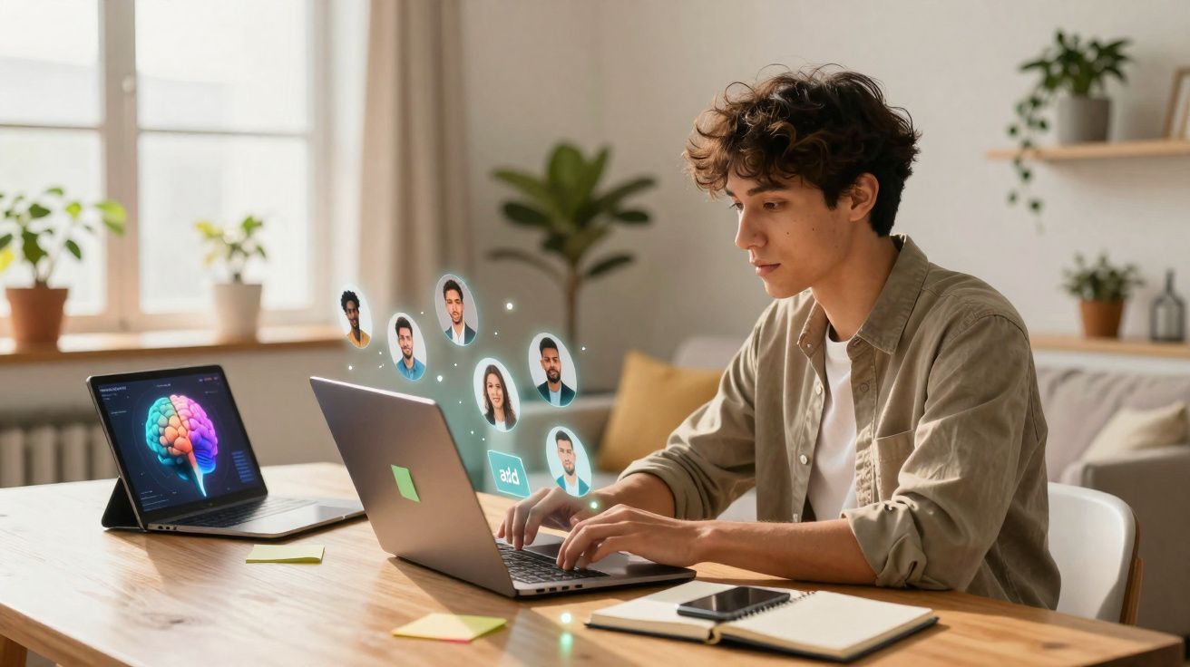 Jovem trabalhando em laptop com avatares flutuantes em ambiente claro e moderno.