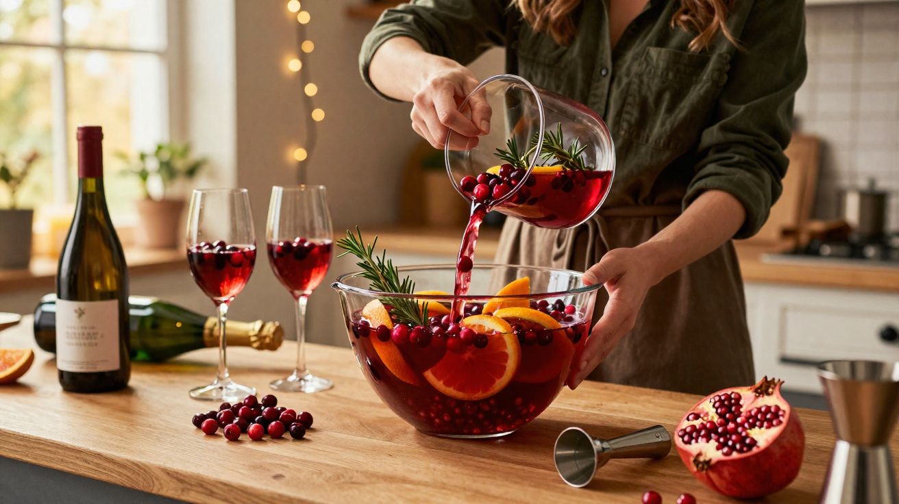Pessoa servindo ponche com frutas cítricas e cranberries em taças em cozinha iluminada.