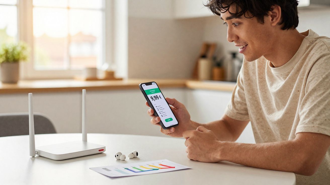 Homem sentado à mesa segurando celular com valor de 9,99€, roteador e fones sobre a mesa.