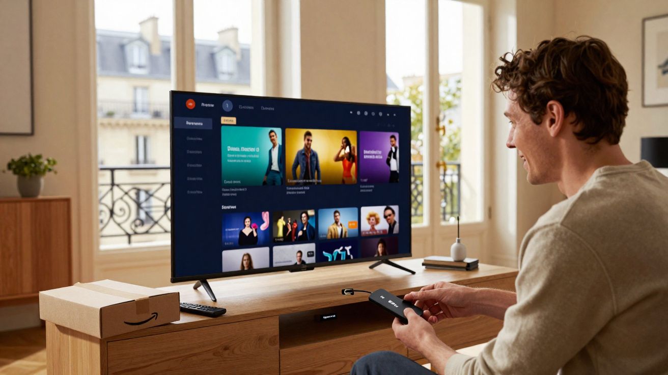 Homem sentado na sala usando controle remoto para navegar em catálogo de séries na TV.