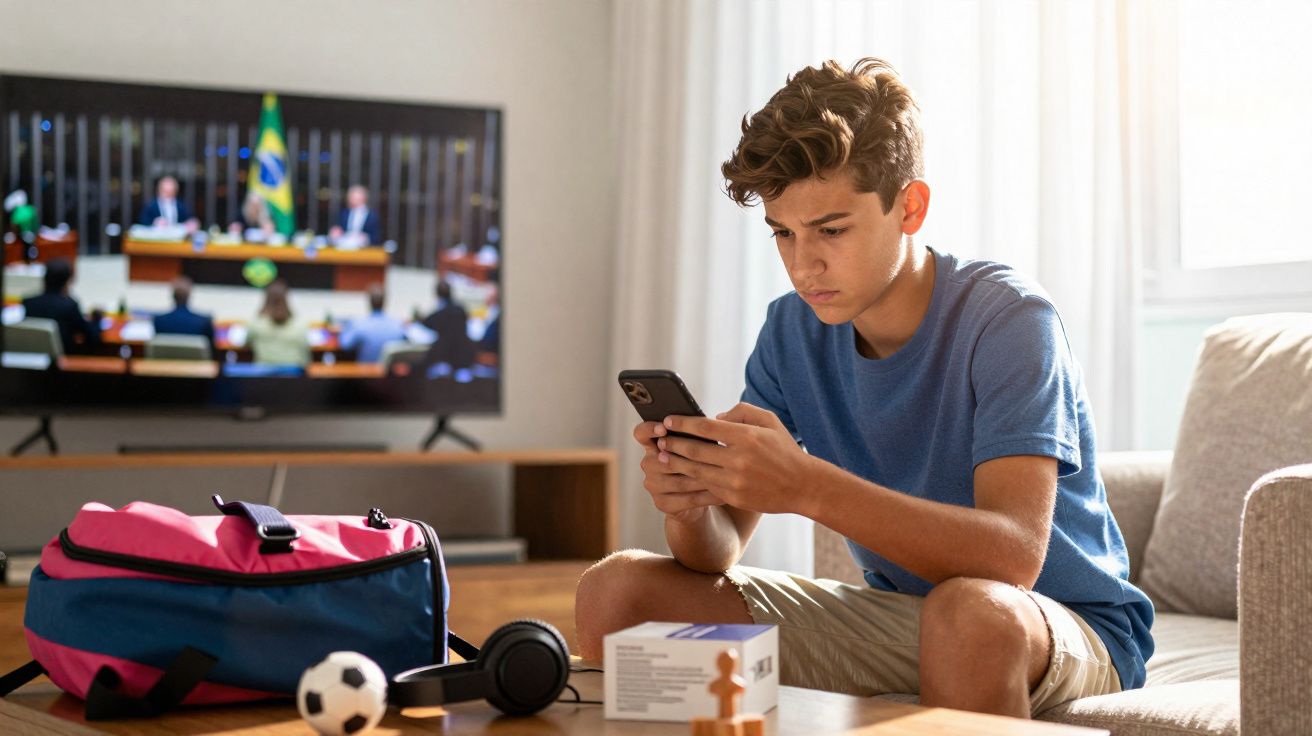 Adolescente sentado no sofá mexendo no celular, mochila e objetos sobre a mesa, TV ligada ao fundo.