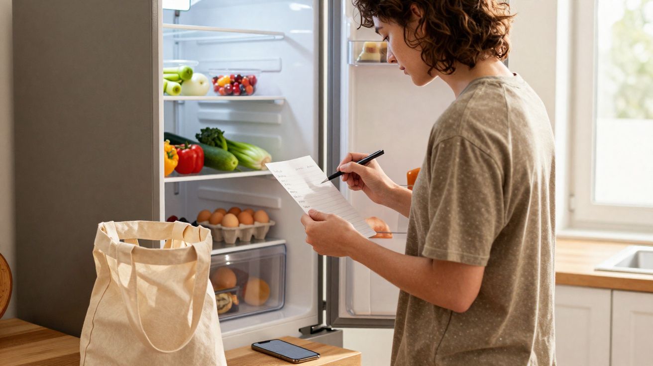 Pessoa consultando lista de compras em frente à geladeira aberta com alimentos variados dentro.