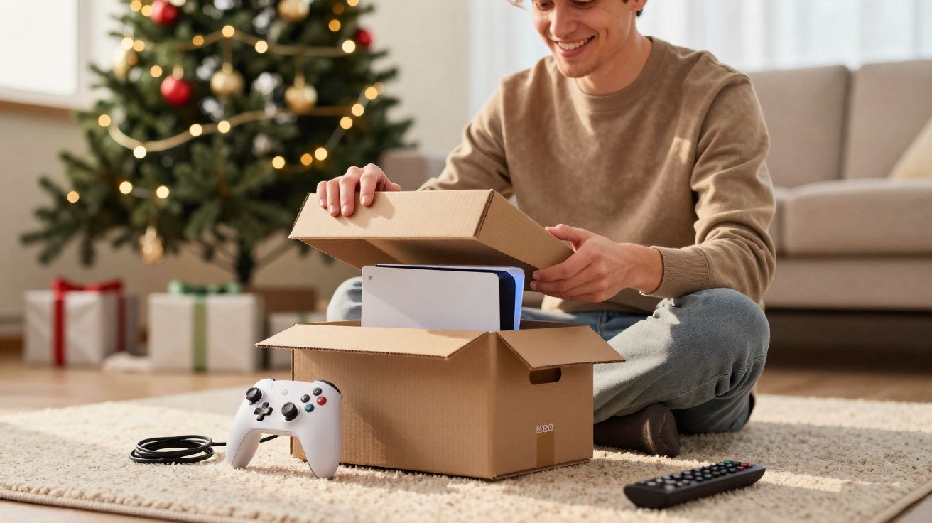 Jovem abre caixa com console de videogame novo no chão, perto de árvore de Natal decorada.