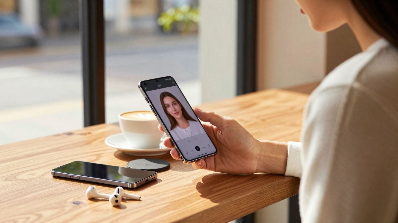 Pessoa segurando celular com foto de rosto na tela, sobre mesa de madeira, ao lado de fones, outro celular e xícara de café.