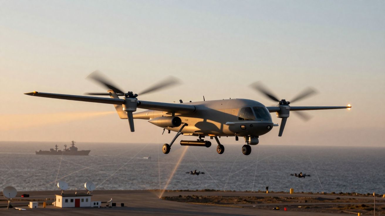 Dron militar voando próximo a costa com navio e plataforma à distância durante pôr do sol.