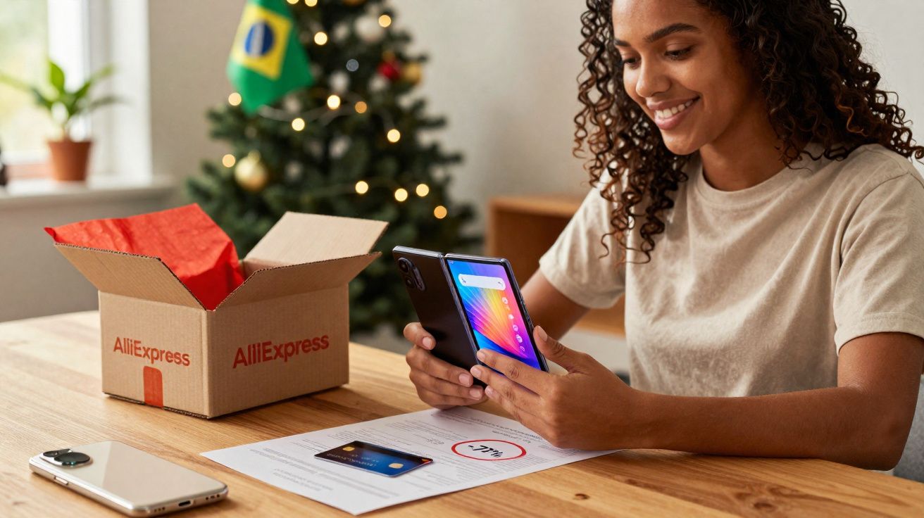 Mulher sorrindo usa celular dobrável perto de caixa da AliExpress em mesa com cartão e documento.