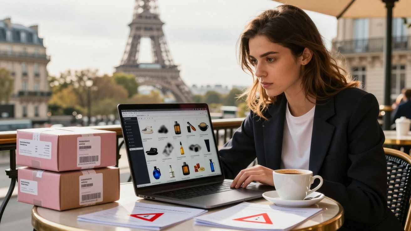Mulher trabalhando em laptop com e-commerce aberto, com a Torre Eiffel de fundo em Paris.