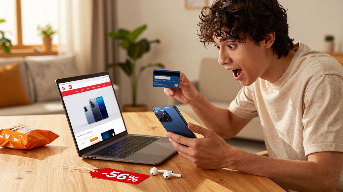 Jovem surpreso realiza compra online em laptop, segurando cartão de crédito e smartphone.