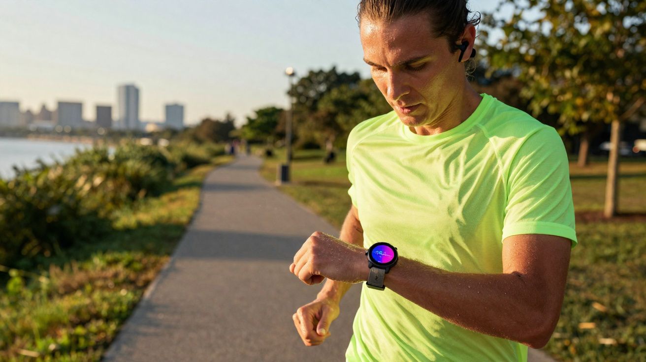 Homem correndo ao ar livre verifica dados em relógio inteligente durante o dia.